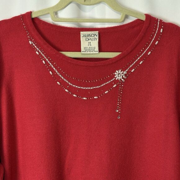 Vintage Allison Daley Red Crewneck Sweater 2X winter holiday dressy office party - Picture 2 of 9
